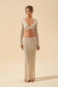 Summer Vacation Knitted Two Piece Long Sleeve V neck Top Split Skirt Set Women