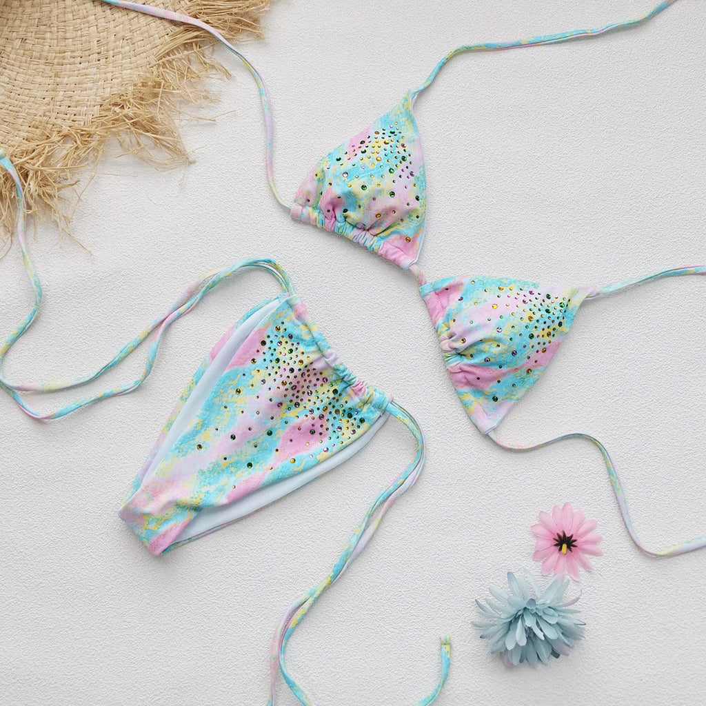 Fresh Printed Rhinestones Three Point Strap Sexy Bikini Split Swimsuit Bella Mia
