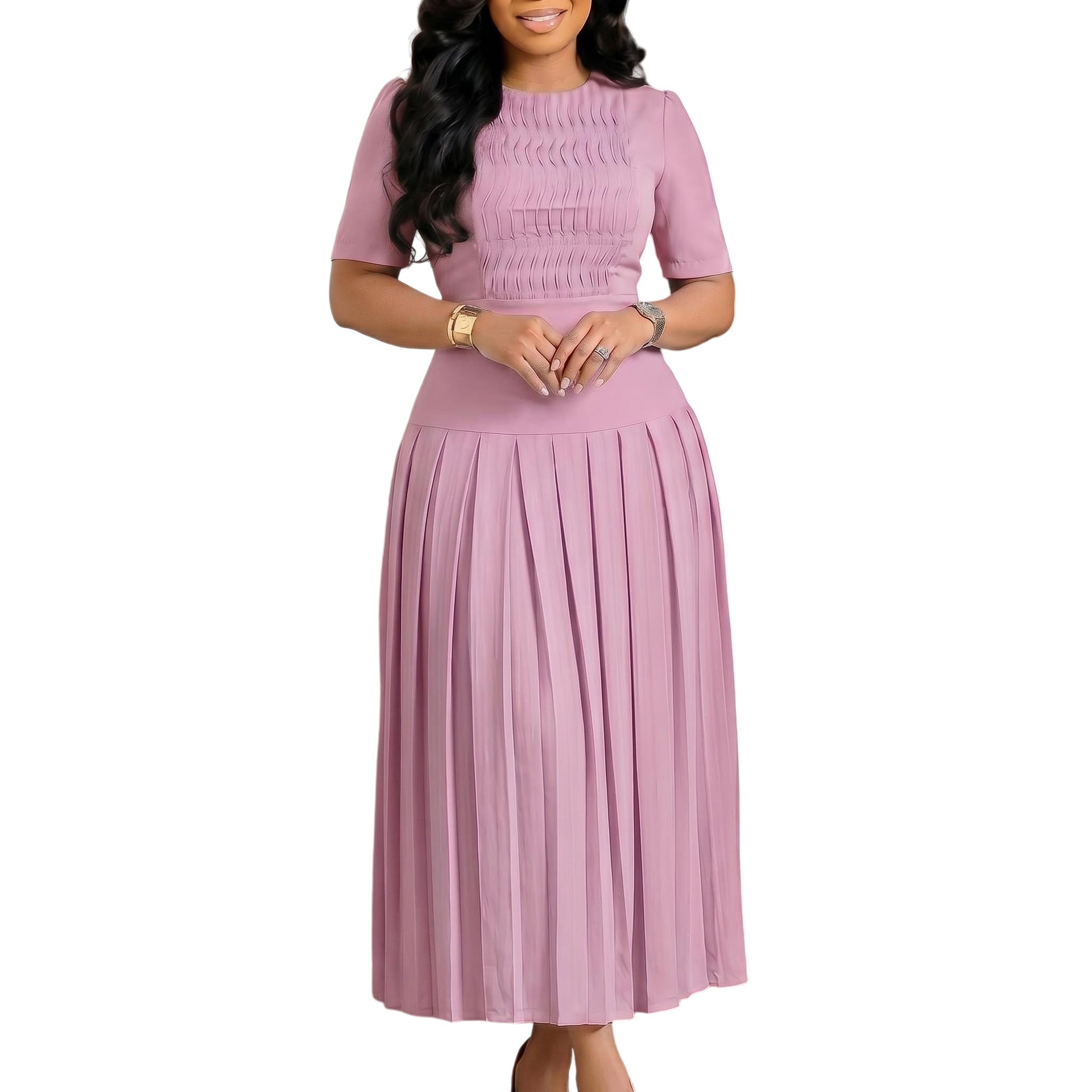 Women Clothing Pleated round Neck Stitching Pleated Dress