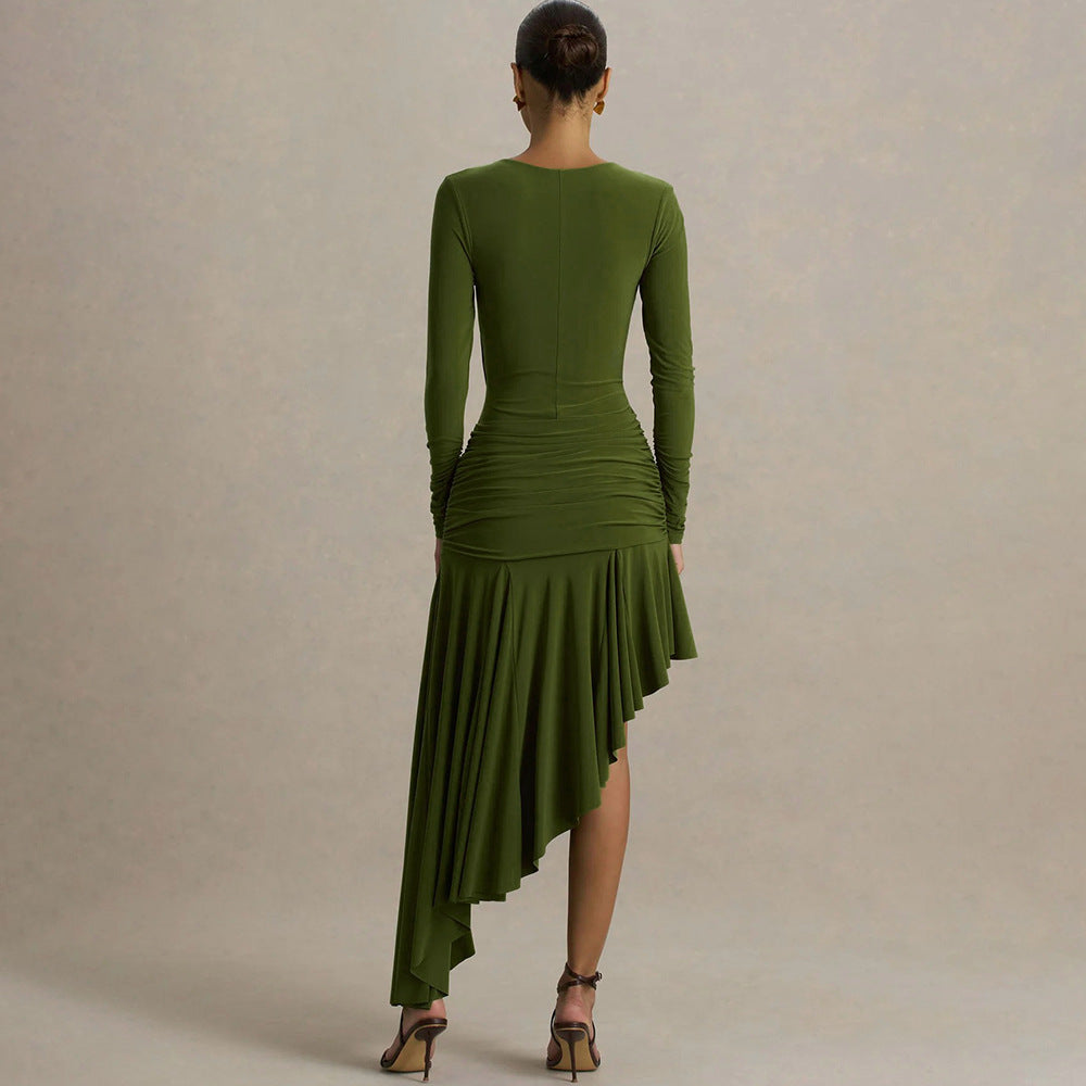 Autumn Winter Graceful Fashionable Women Slim Dress Sexy Pleated Irregular Asymmetric Maxi Dress Bella Mia