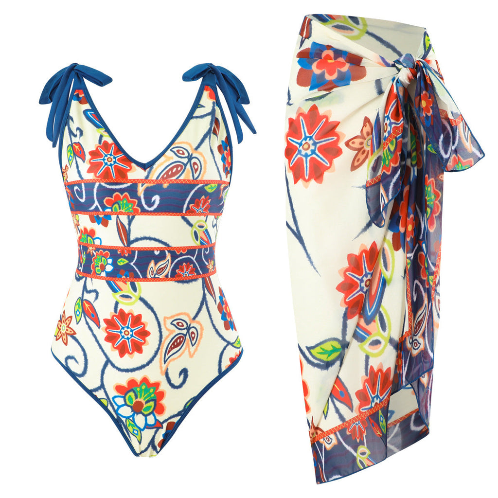 French One Piece Two Piece Set Swimsuit Digital Printing Sheath Gauze Skirt Conservative Swimwear Women Bella Mia
