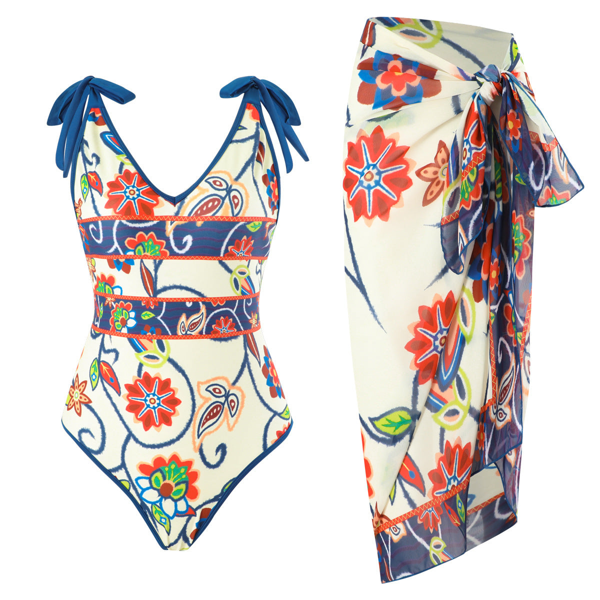 French One Piece Two Piece Set Swimsuit Digital Printing Sheath Gauze Skirt Conservative Swimwear Women Bella Mia