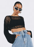 Women Clothing Summer Crew Neck Long Sleeve Sun Protective Blouse Hollow Out Cutout out Short Sexy Cropped Knitted Sweater Women Bella Mia