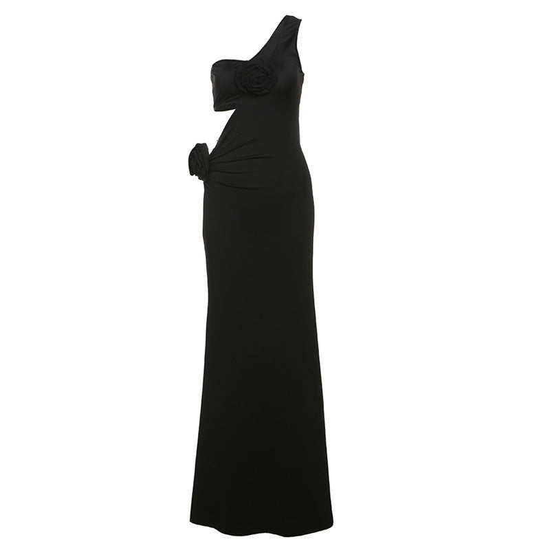 Spring Women Clothing Sexy Oblique Shoulder Hollow Out Cutout Slim Slimming Floral Decoration Solid Color Dress Women Bella Mia