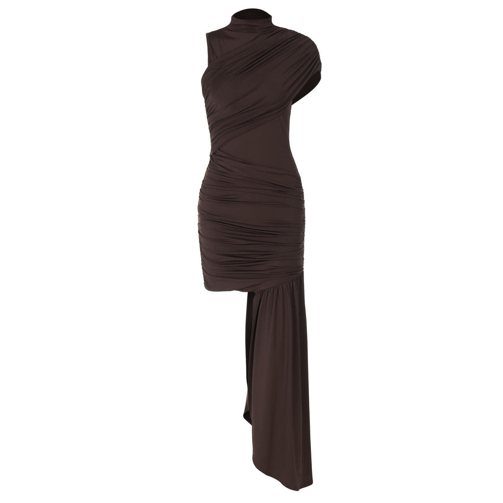 Women Clothing Spring Summer Slim round Neck Pleated Hip Irregular Asymmetric Sleeveless Dress Bella Mia
