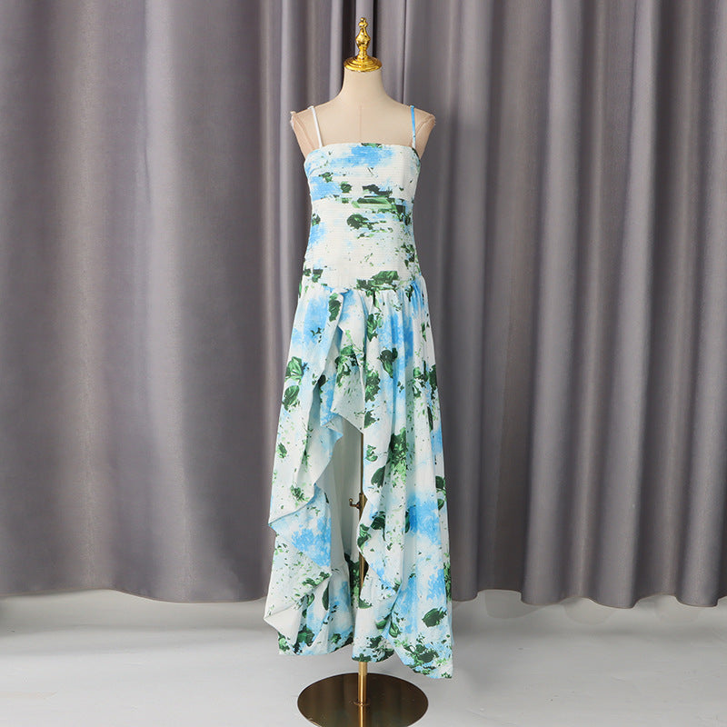Seaside Vacation Dress for Women Summer Fresh Printed Sleeveless Tube Top Tight Waist Slimming Slit Maxi Dress