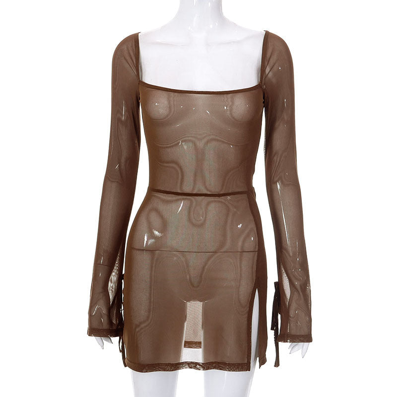 Women Clothing Spring Summer Solid Color Mesh Long Sleeve Split Short Dress for Women Bella Mia