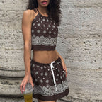 Digital Vintage Print Sexy Women Lace up Halterneck Backless Top High Waist Short Skirt Two Piece Sets Bella Mia