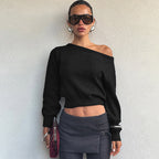 Women Clothing Summer Simple Elegant Slim Fit Sexy Cropped Diagonal Collar Long Sleeve Top Bella Mia