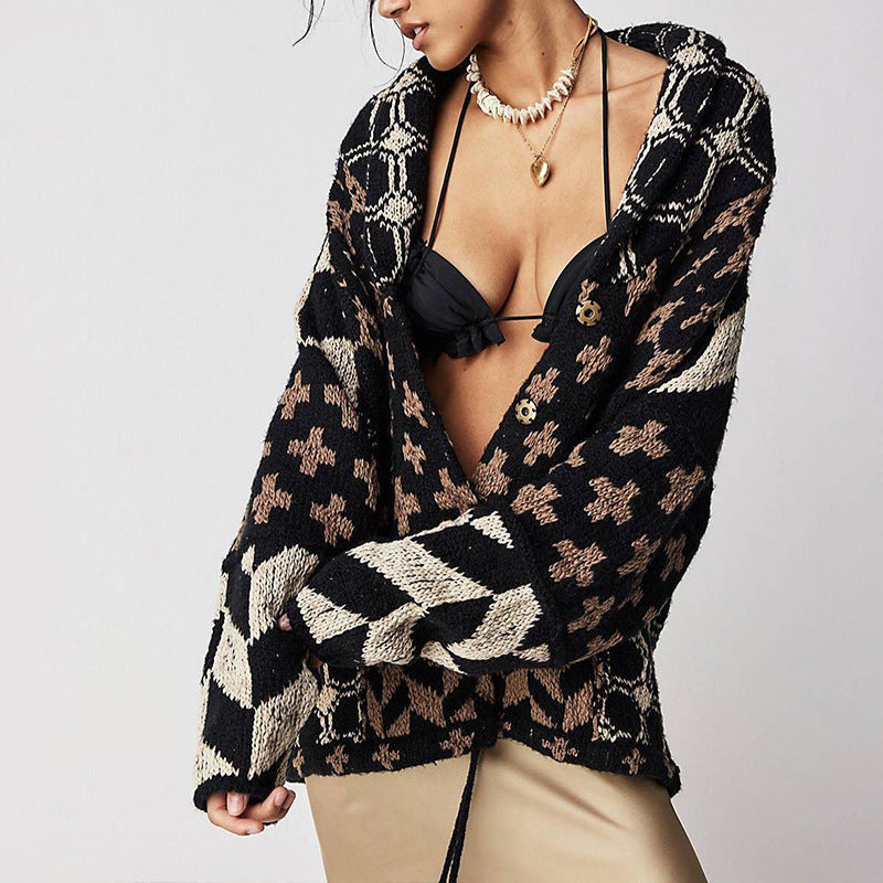 Autumn Winter Knitwear Abstract Printing Collared Loose Long Sleeve Knitted Sweater for Women Bella Mia