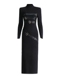 Turtleneck Solid Color Dress Spring High Grade Long Sleeve Split Metal Decorative Dress Women Bella Mia