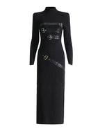 Turtleneck Solid Color Dress Spring High Grade Long Sleeve Split Metal Decorative Dress Women Bella Mia