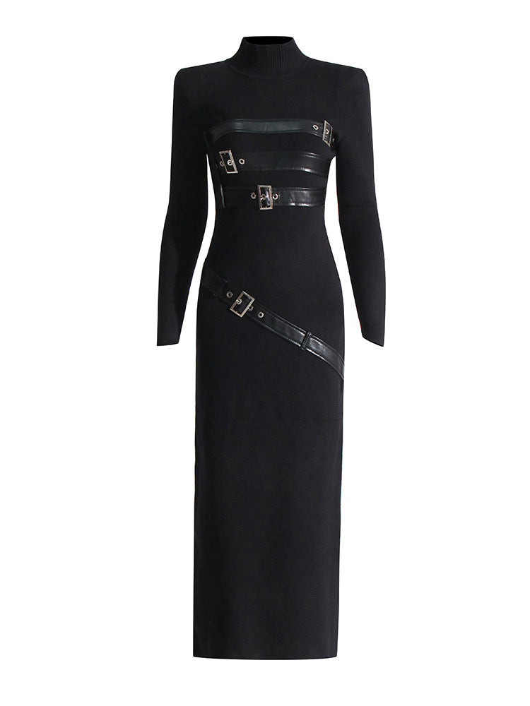 Turtleneck Solid Color Dress Spring High Grade Long Sleeve Split Metal Decorative Dress Women Bella Mia