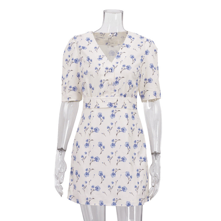 French Elegant Printed Short Word Dress Women V neck Short Sleeve High Waist Floral Dress Bella Mia