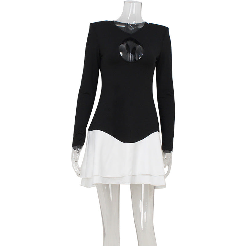 Sexy Women Chest Hollow Out Cutout out Long Sleeve Color Matching Slim Slimming Sexy Dress Women Bella Mia