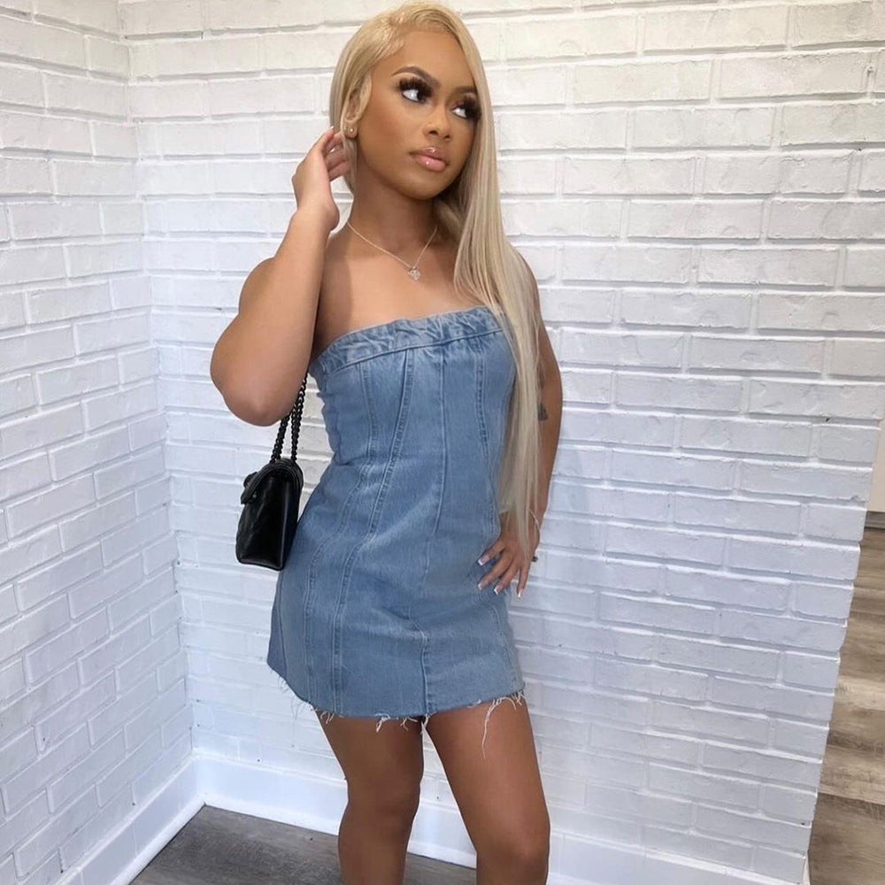 Denim Spring Summer Sexy Backless Wash Chest Wrapped Dress Women Bella Mia