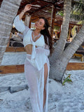 Hollow Out Cutout out Long Sleeve Knitted Two Piece Short Top Beach Seaside Sexy Lace up Skirt Set Bella Mia
