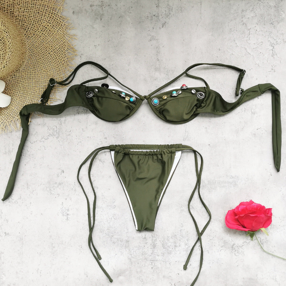 Solid Color Tube Top Sexy Lace up Push up Bikini Split Swimsuit