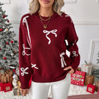 Autumn Winter Christmas Festival Sweet round Neck Bowknot Brocade Sweater Women Bella Mia