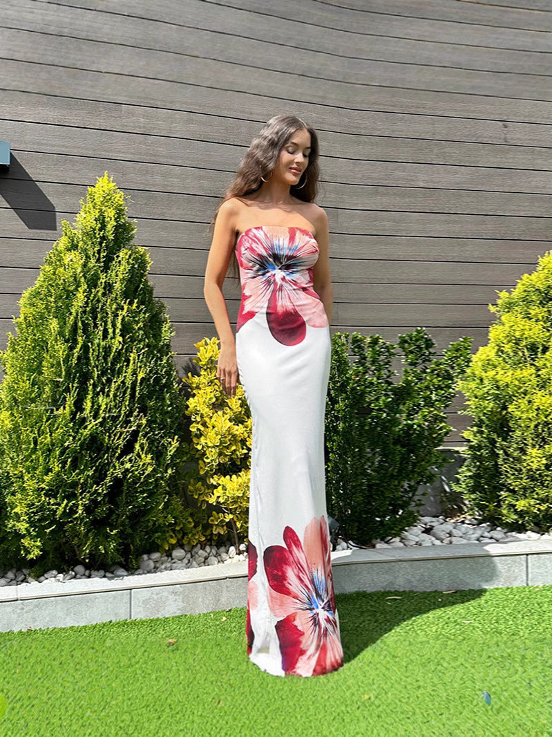 Floral Tube Top Printing Dress Women Summer Elegant Slim Fit Sheath Dress Bella Mia