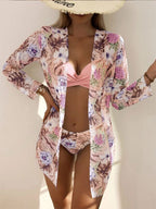 Beach Three Piece Sexy Multi Color High Waist Mesh Split Printed Bikini Bella Mia