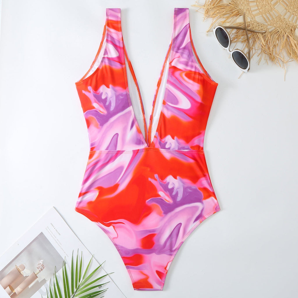 Retro One Piece Swimsuit Women Deep V Plunge Lace up Chiffon Skirt Set Bella Mia