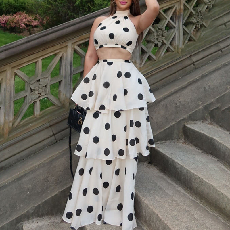 French Polka Dot Sweet Sexy Women ummer Halter Sleeveless Vest High Waist Flounced Skirt Set Bella Mia