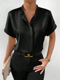 Women Solid Color Satin Short Sleeve Shoulder Stand Collar Short Sleeve Satin Shirt Bella Mia