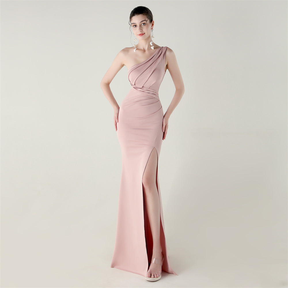 One Shoulder Slim Fit Satin Folding High Slit Sexy Evening Dress Fishtail Dress Dinner Wedding Social Networking Bella Mia