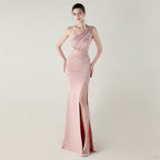 One Shoulder Slim Fit Satin Folding High Slit Sexy Evening Dress Fishtail Dress Dinner Wedding Social Networking Bella Mia