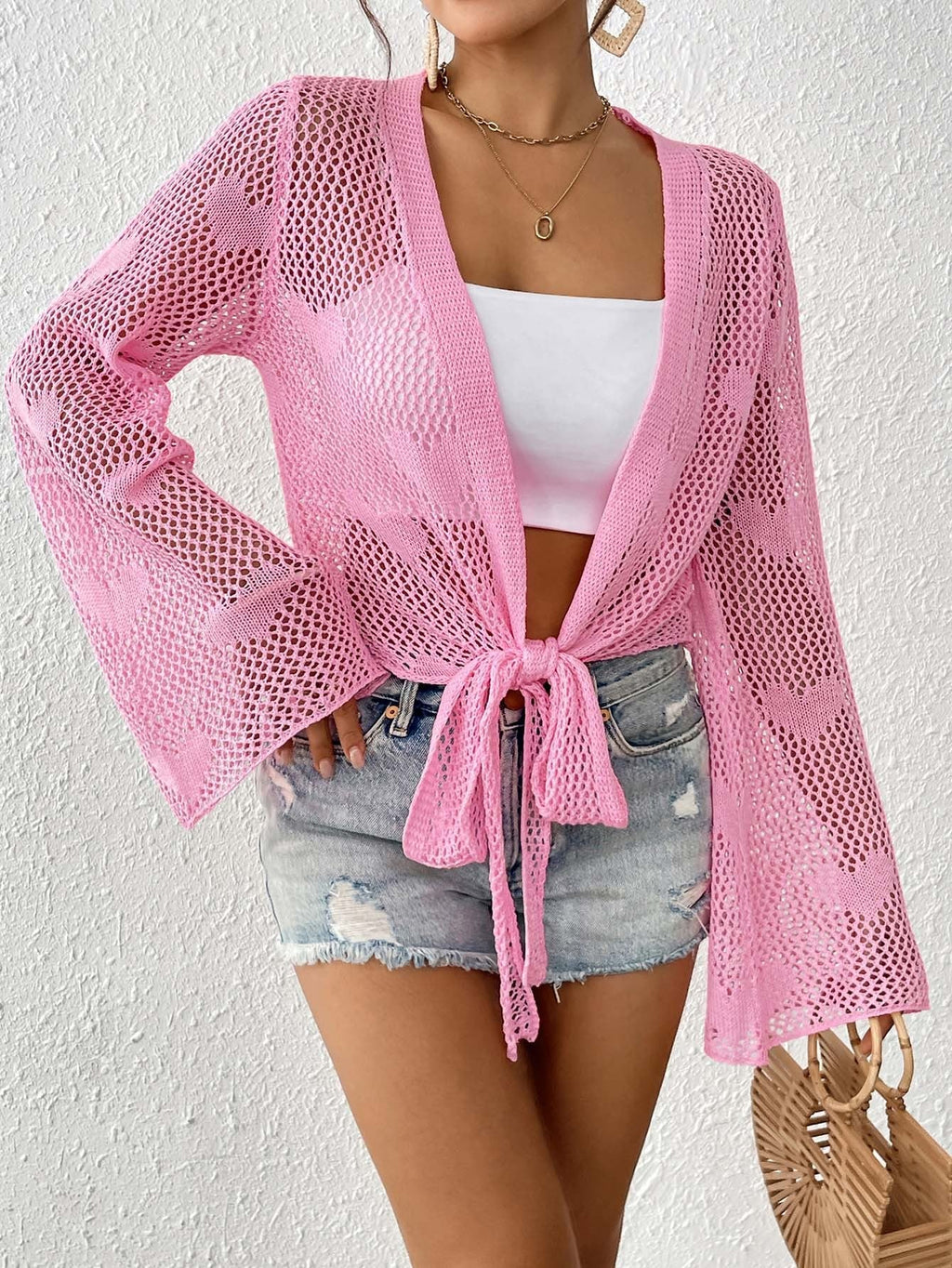 Women Cardigan Clothing Spring Summer Lace up Bow Bell Sleeve Mechanism Shirt Beach Cover Up Bella Mia
