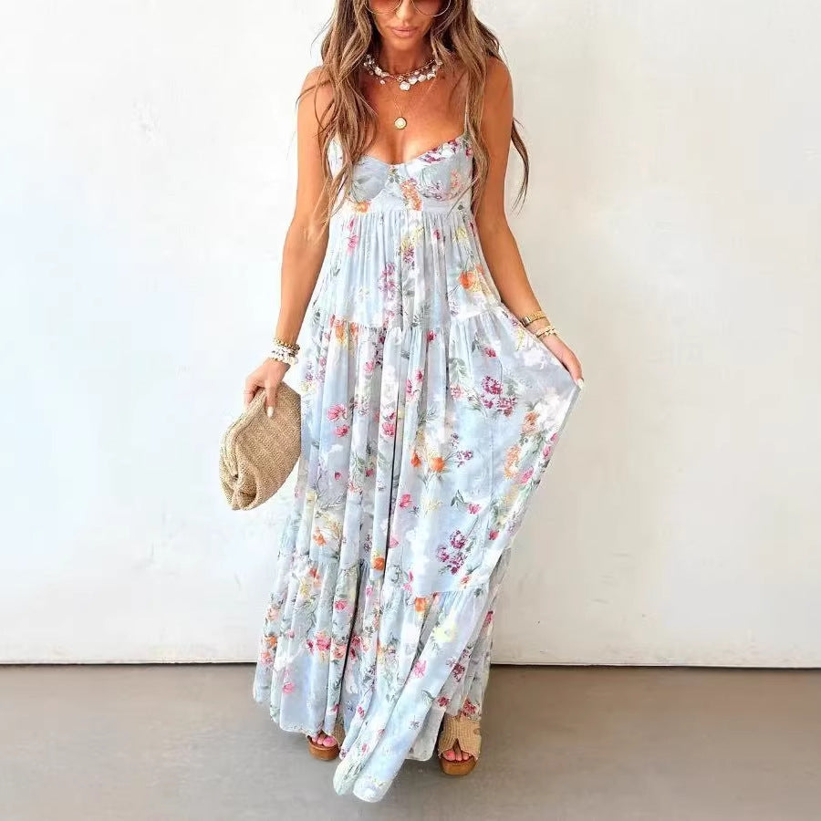 Bohemian Sling Floral Large Swing Dress Summer Chiffon Vacation Loose Flowy Dress