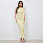 Popular Milk Silk Sexy Elegant Side Slit Design Shoulder Ribbon Dress Bella Mia