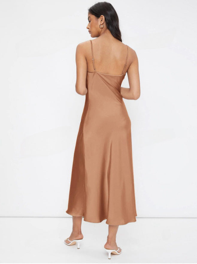 Women Clothing Spring Summer Satin Sling Deep V Plunge neck Slim Solid Color Dress Bella Mia
