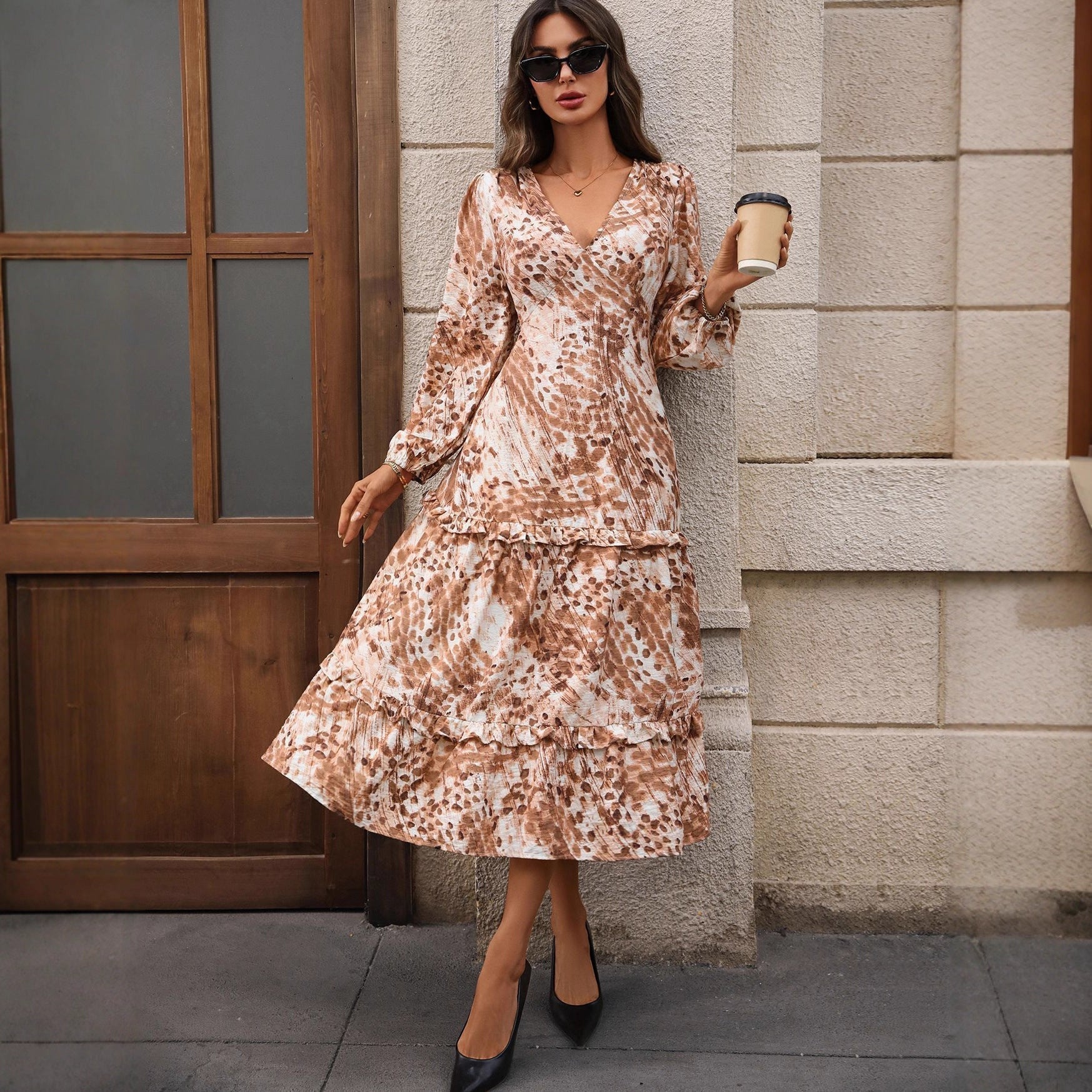 Autumn French Long Sleeve V neck Split Print Dress Bella Mia
