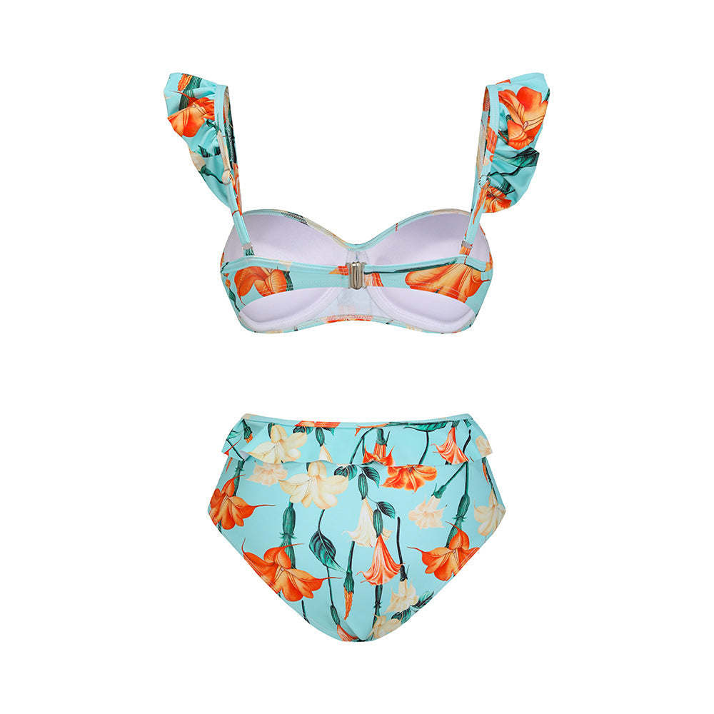 Split Bikini Lotus Sleeve High Waisted Trousers Sexy Slimming Swimsuit Women Bella Mia
