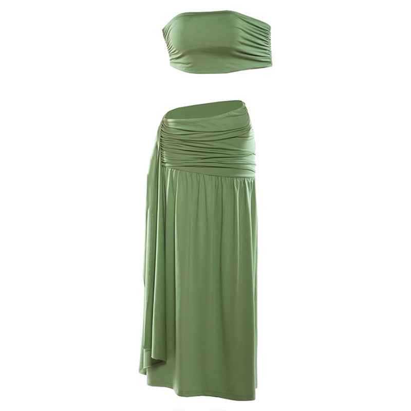 Women Clothing Spring Sexy Solid Color Tube Top Vest Slim Ribbon Pleated Skirt Sets Bella Mia