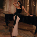 Pleated Ribbon Slim Fit High Waist Dress Sexy Wrapped Chest Waist Color Contrast Patchwork Dress Bella Mia