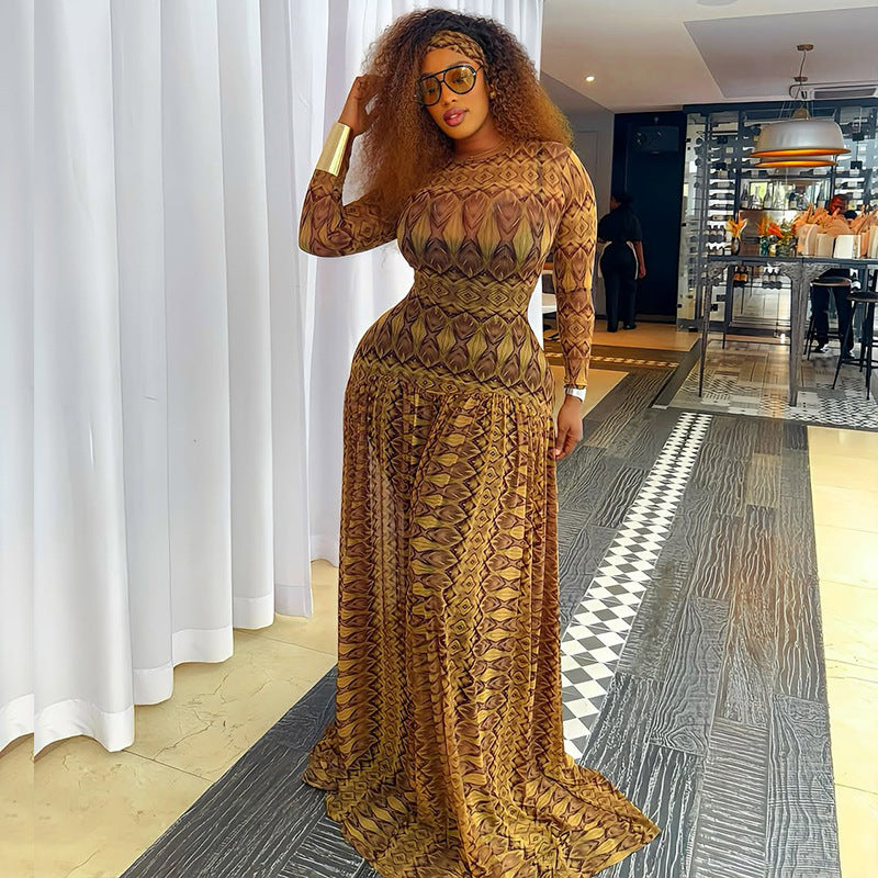 Elegant Retro Women Waist Slimming Micro Transparent A line Printing round Neck Long Sleeved Dress Bella Mia