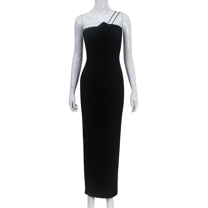 Women Clothing French Sexy Three Dimensional Floral Pleating Elegant Pure Hip Spaghetti Straps Dress Bella Mia