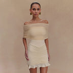 Women Clothing Ruffle Hip Ruffled Mesh Outerwear Strapless Dress Slim Dress Bella Mia