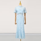 French Sneaky Design Light Luxury Dress Autumn Stand Collar Short Sleeve Lace Hollow Out Cutout Sheath Dress for Women Bella Mia