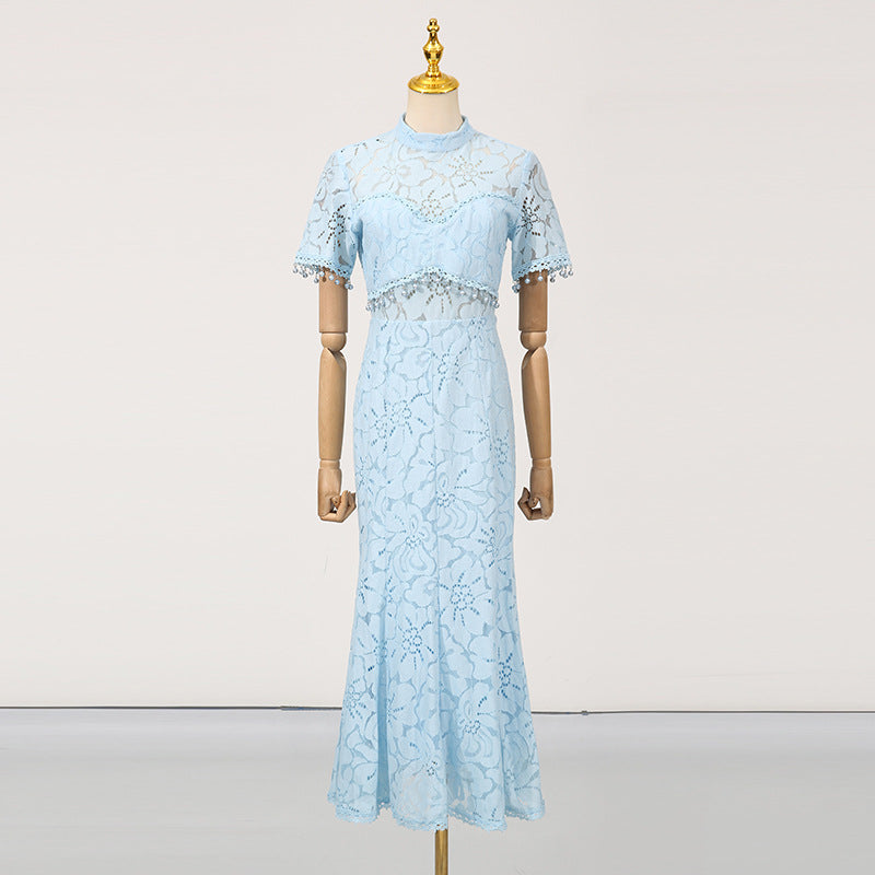 French Sneaky Design Light Luxury Dress Autumn Stand Collar Short Sleeve Lace Hollow Out Cutout Sheath Dress for Women Bella Mia