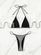 Sexy Three Piece Bikini Silver Thin Glittering Special Fabric Lace up Women Swimsuit Bella Mia