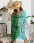 Women Dress Clothing Color Contrast Patchwork Deep V Plunge neck Hollow Out Cutout out Woven Shirt Beach Beach Cover Up Bella Mia