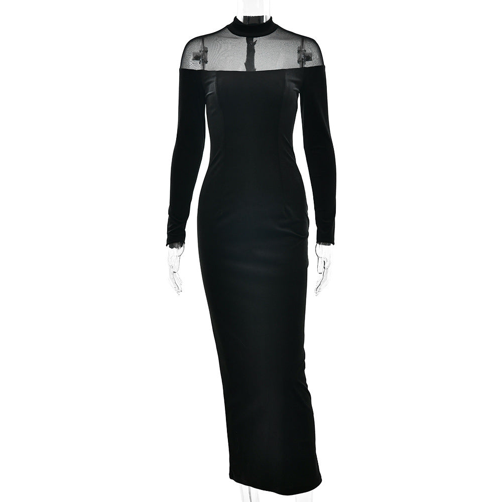 Autumn Winter Wear Voile See through Stitching Dress Sexy Tight Solid Color Dress Bella Mia