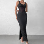 Milk Silk Stitching Mesh Cami Dress Sexy Split Backless Formal Dress Maxi Dress Bella Mia