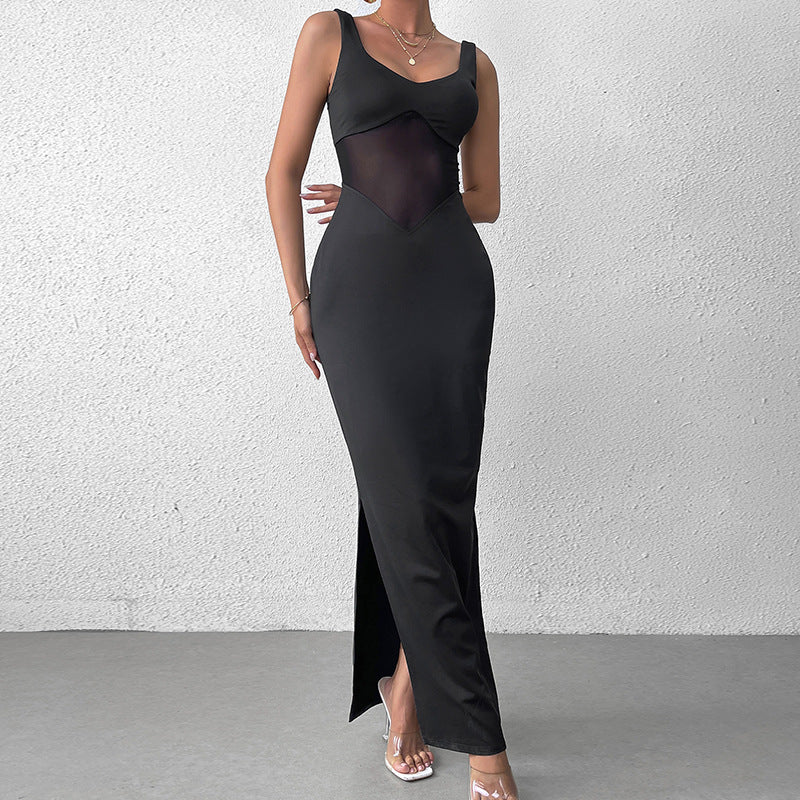 Milk Silk Stitching Mesh Cami Dress Sexy Split Backless Formal Dress Maxi Dress Bella Mia