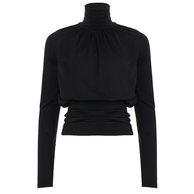 Dark Sexy Black with High Collar Long Sleeve Casual Top Short Waist Controlled Slimming Long Sleeve T shirt Women Autumn Bella Mia