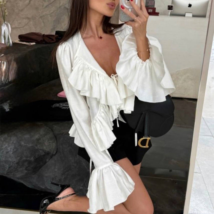 Women Clothing Spring Ruffled Flare Sleeve Tie Neck Top All Matching Shirt Bella Mia
